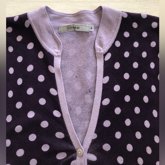 Silkwear Purple Polka Dot Buttoned V-Neck Belted Knit Cardigan Top Blouse - Picture 8 of 16